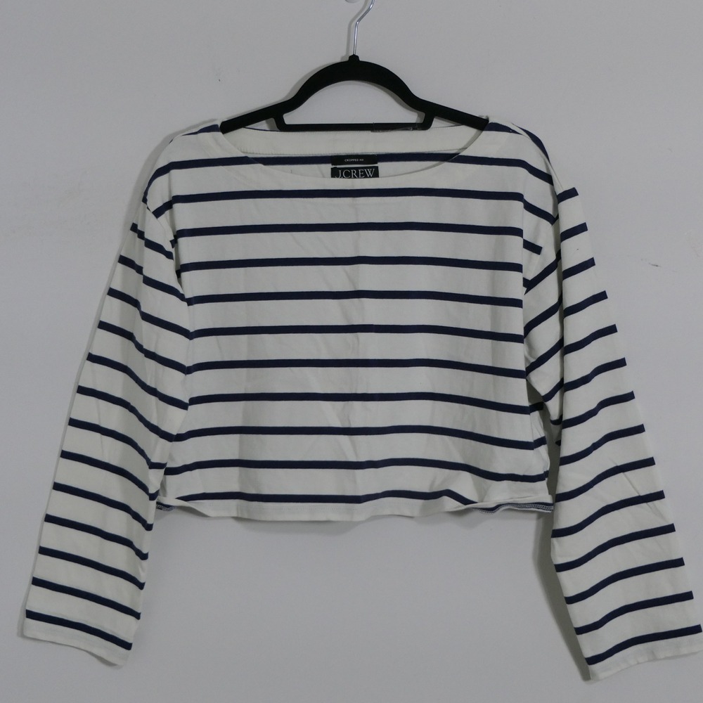 J.Crew Womens Cropped Top M White Navy Striped Nautical Breton Parisian Boxy